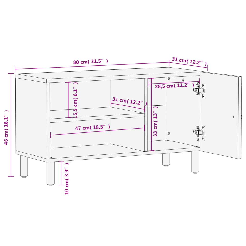 vidaXL TV-Schrank Schwarz 80x31x46 cm Massivholz Mango