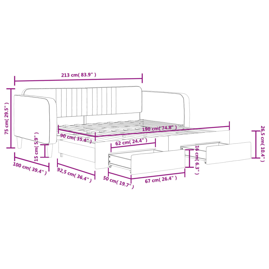 vidaXL Tagesbett Ausziehbar mit Schubladen Dunkelgrau 90x190 cm Samt