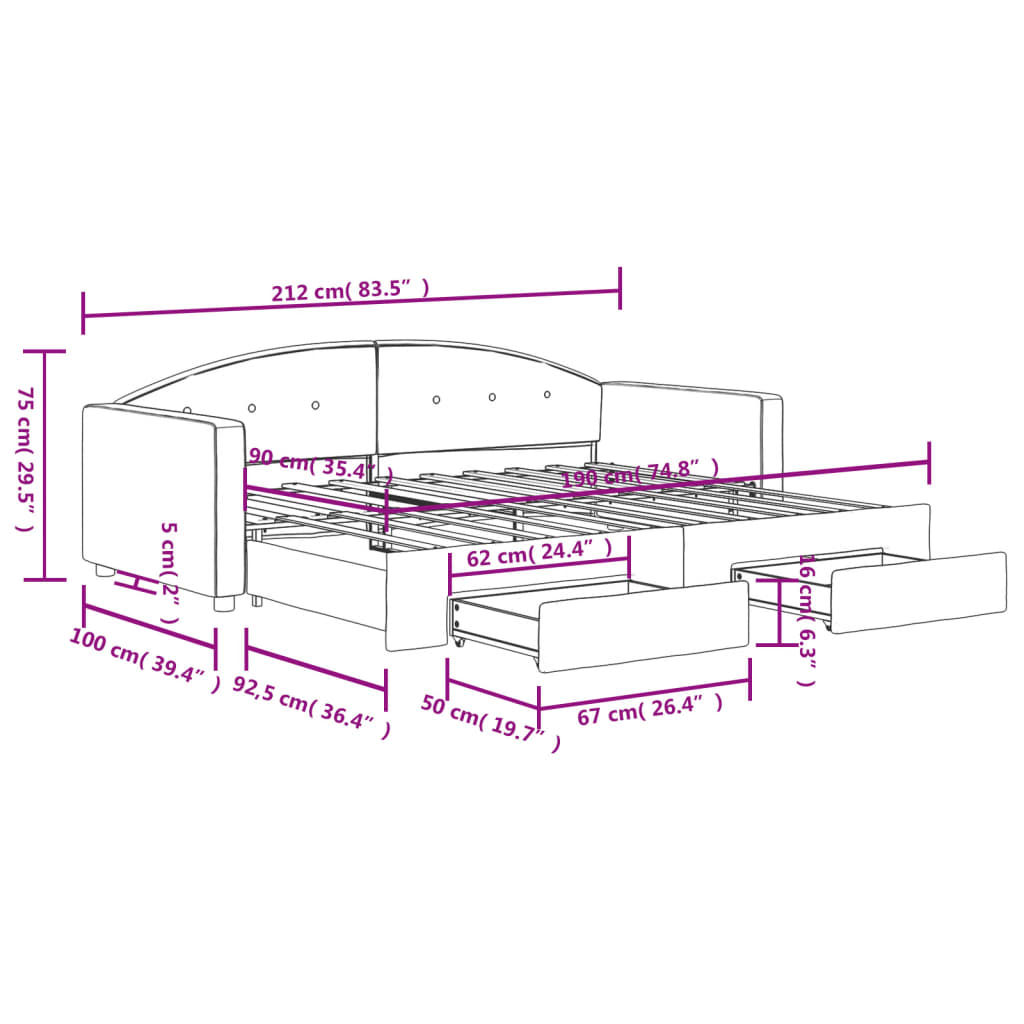 vidaXL Tagesbett Ausziehbar mit Schubladen Dunkelgrau 90x190 cm Samt