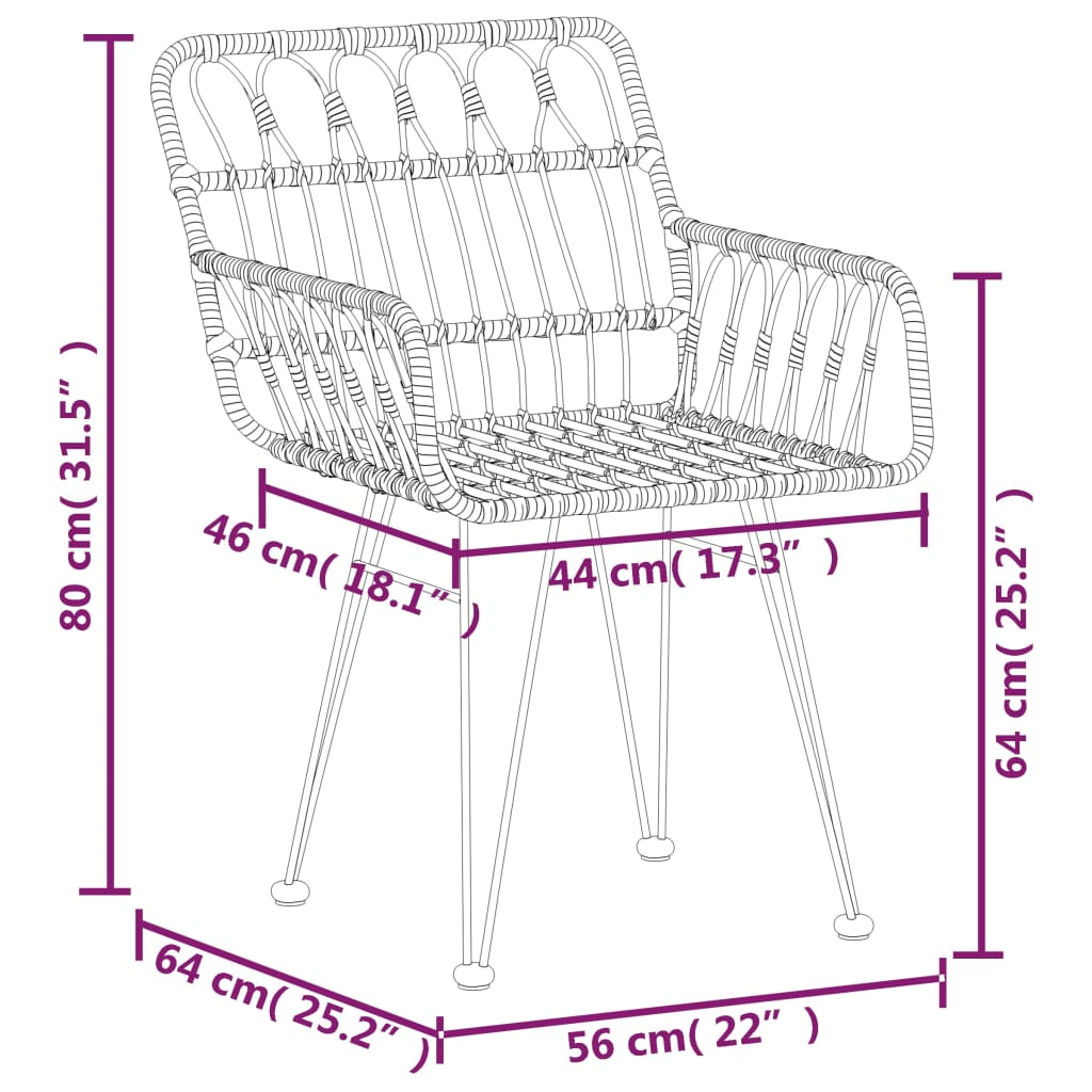 vidaXL Gartenstühle 2 Stk. mit Armlehnen Schwarz 56x64x80 cm PE-Rattan