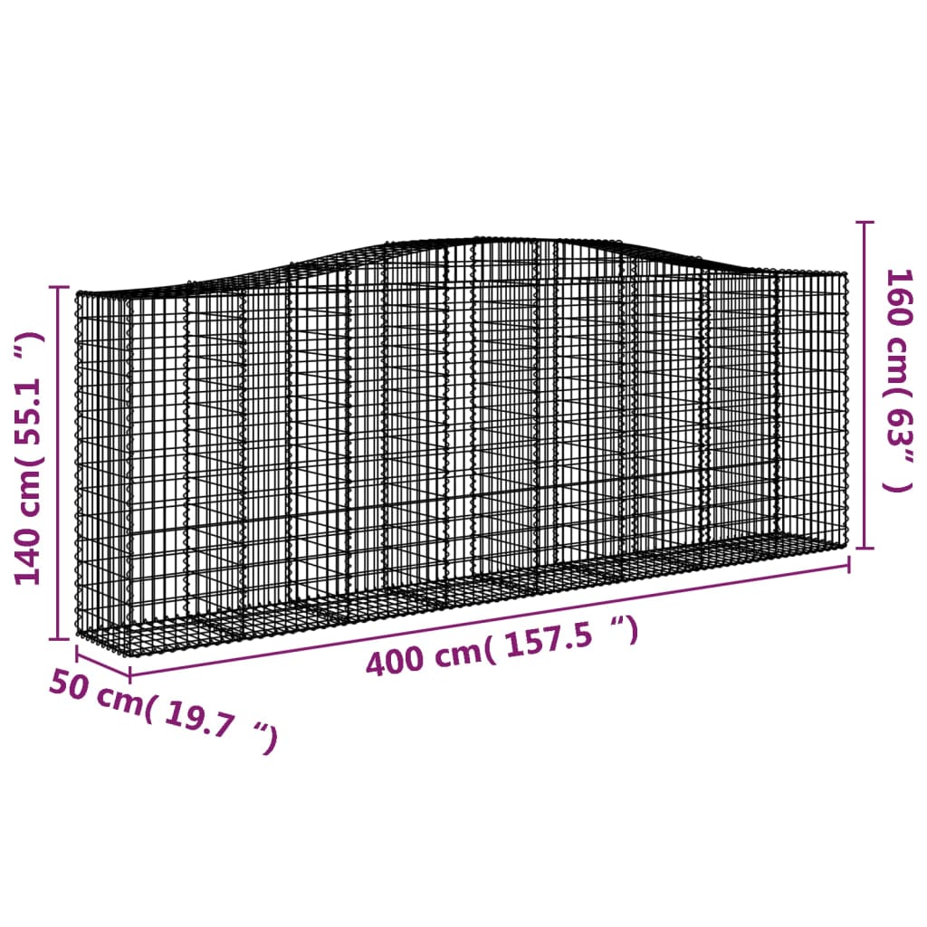 vidaXL Gabions avec arche 4 pcs 400x50x140/160 cm Fer galvanisé