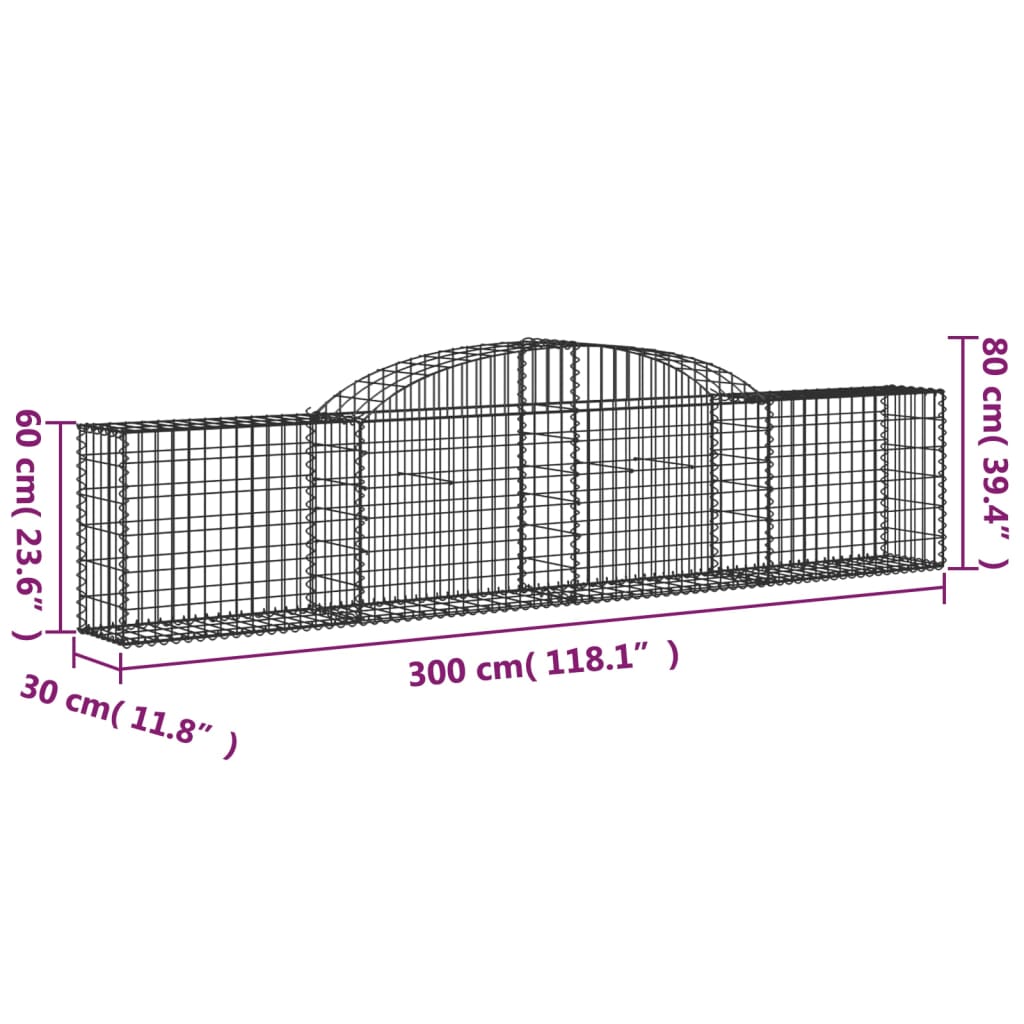 vidaXL Gabionen mit Hochbogen 2 Stk. 300x30x60/80 cm Verzinktes Eisen