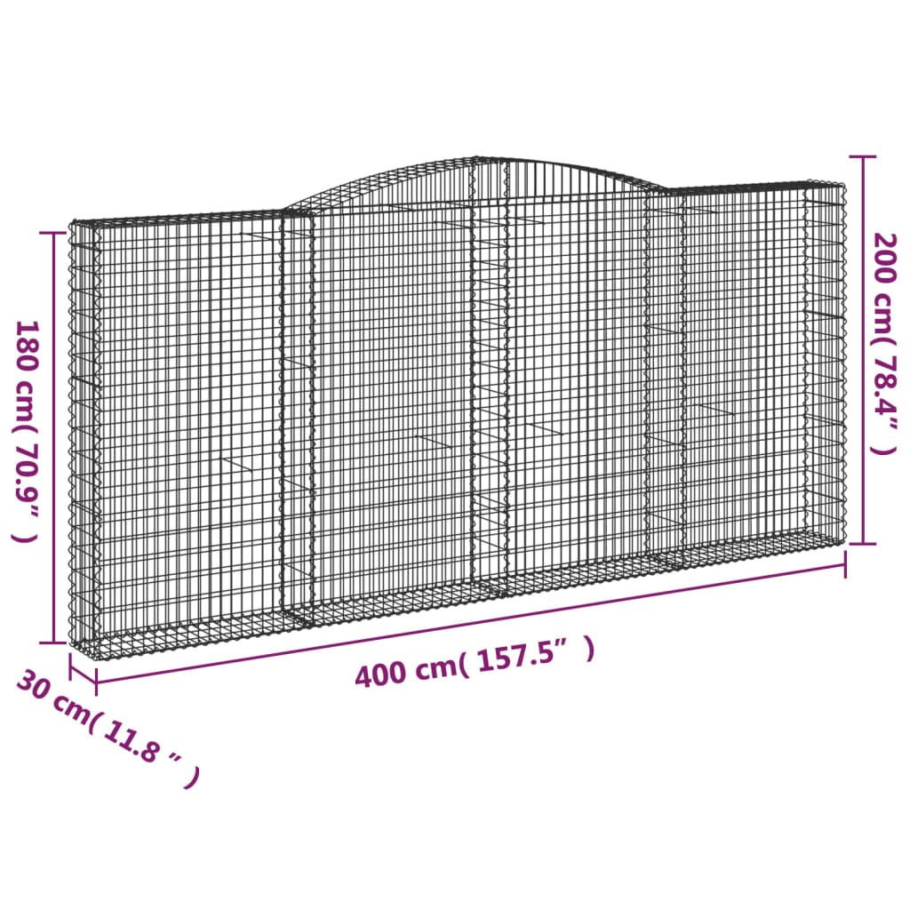 vidaXL Gabionen mit Hochbogen 9 Stk. 400x30x180/200cm Verzinktes Eisen