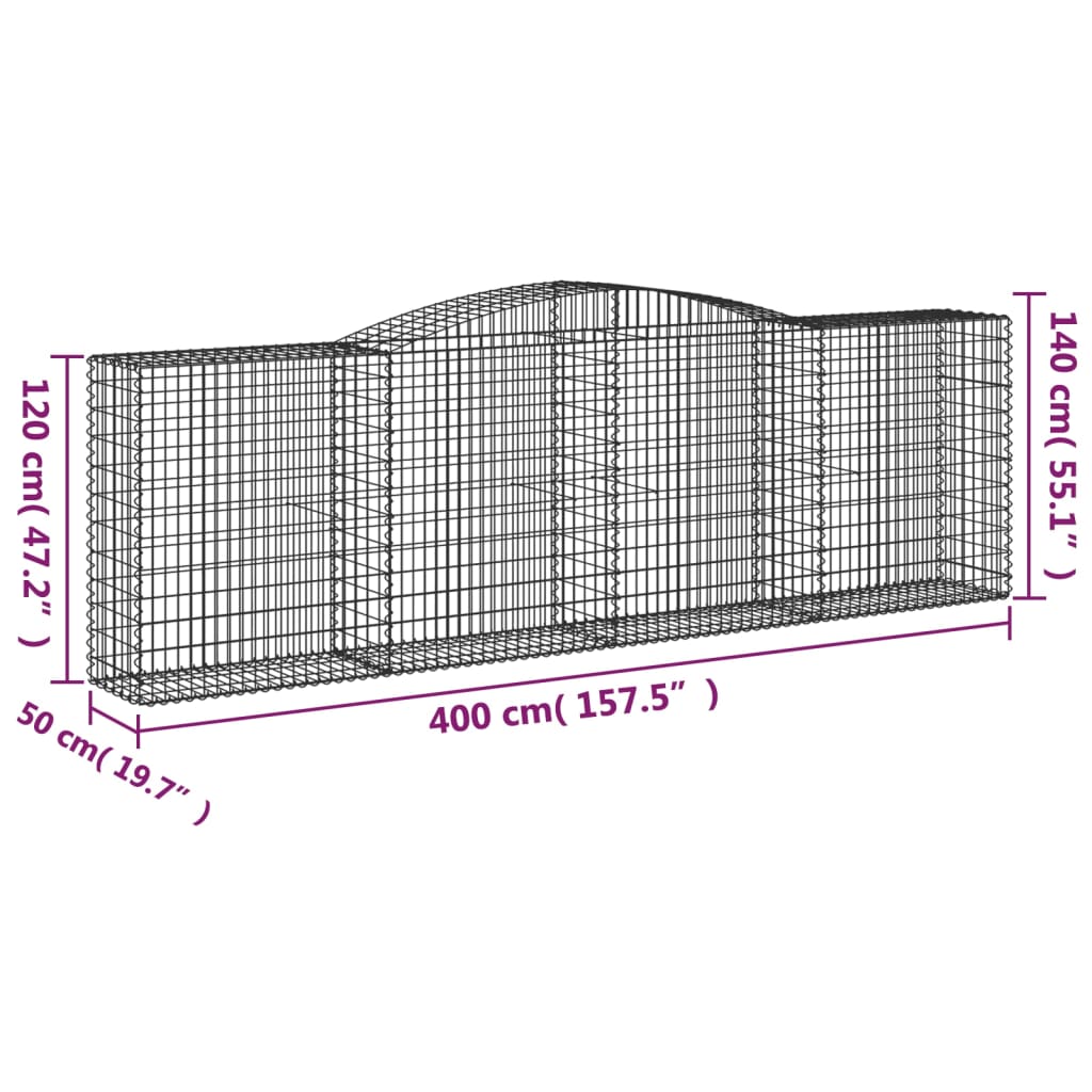 vidaXL Gabionen mit Hochbogen 25 Stk 400x50x120/140cm Verzinktes Eisen