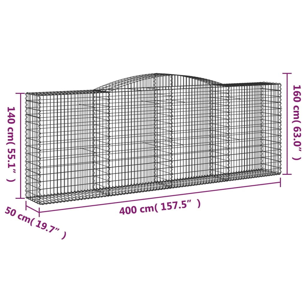 vidaXL Gabionen mit Hochbogen 20 Stk 400x50x140/160cm Verzinktes Eisen