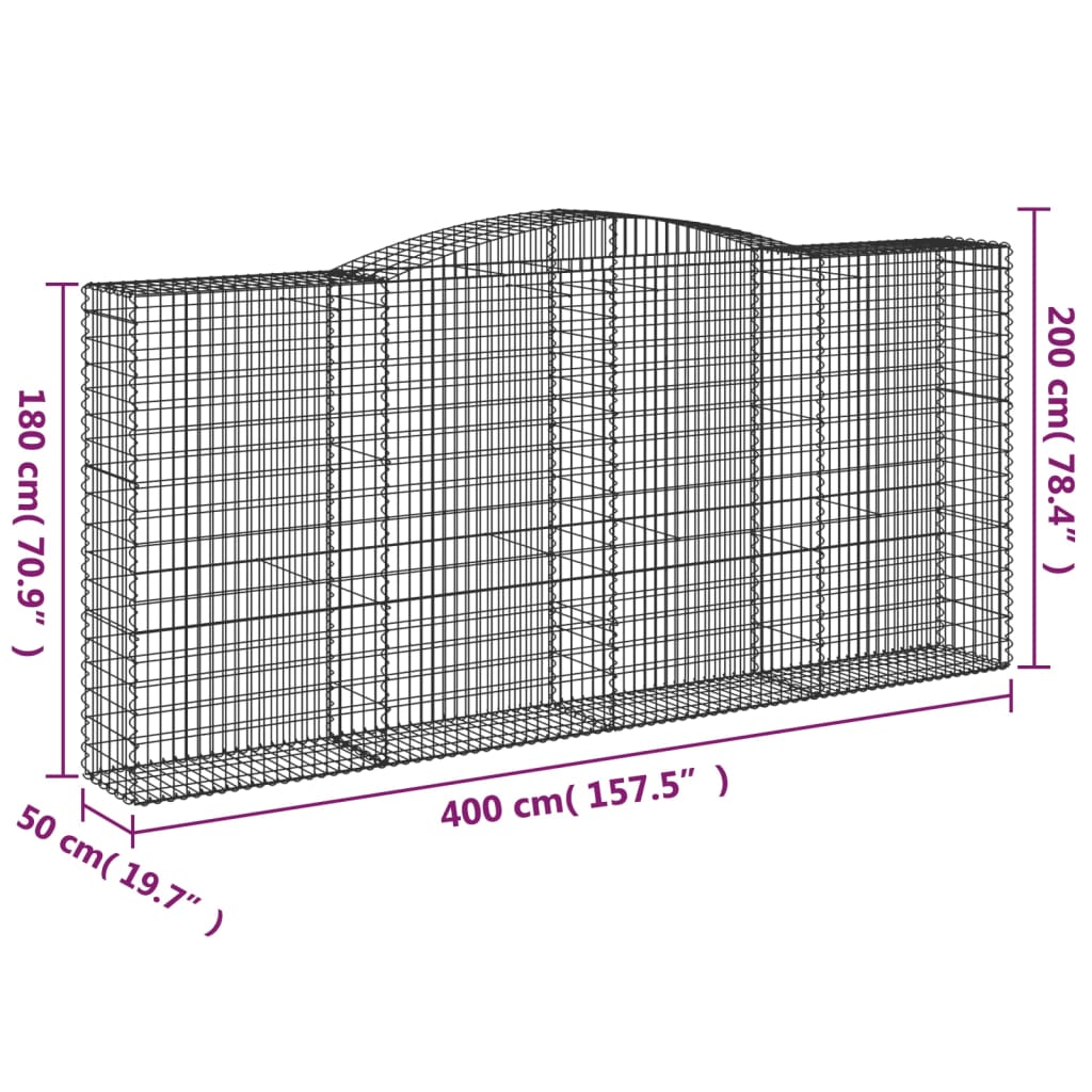 vidaXL Gabionen mit Hochbogen 7 Stk. 400x50x180/200cm Verzinktes Eisen