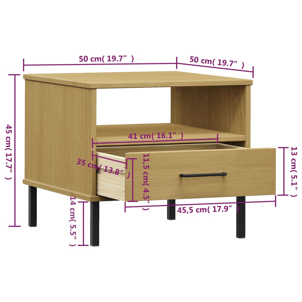 vidaXL Table de chevet OSLO avec pieds en métal Marron Bois de pin massif