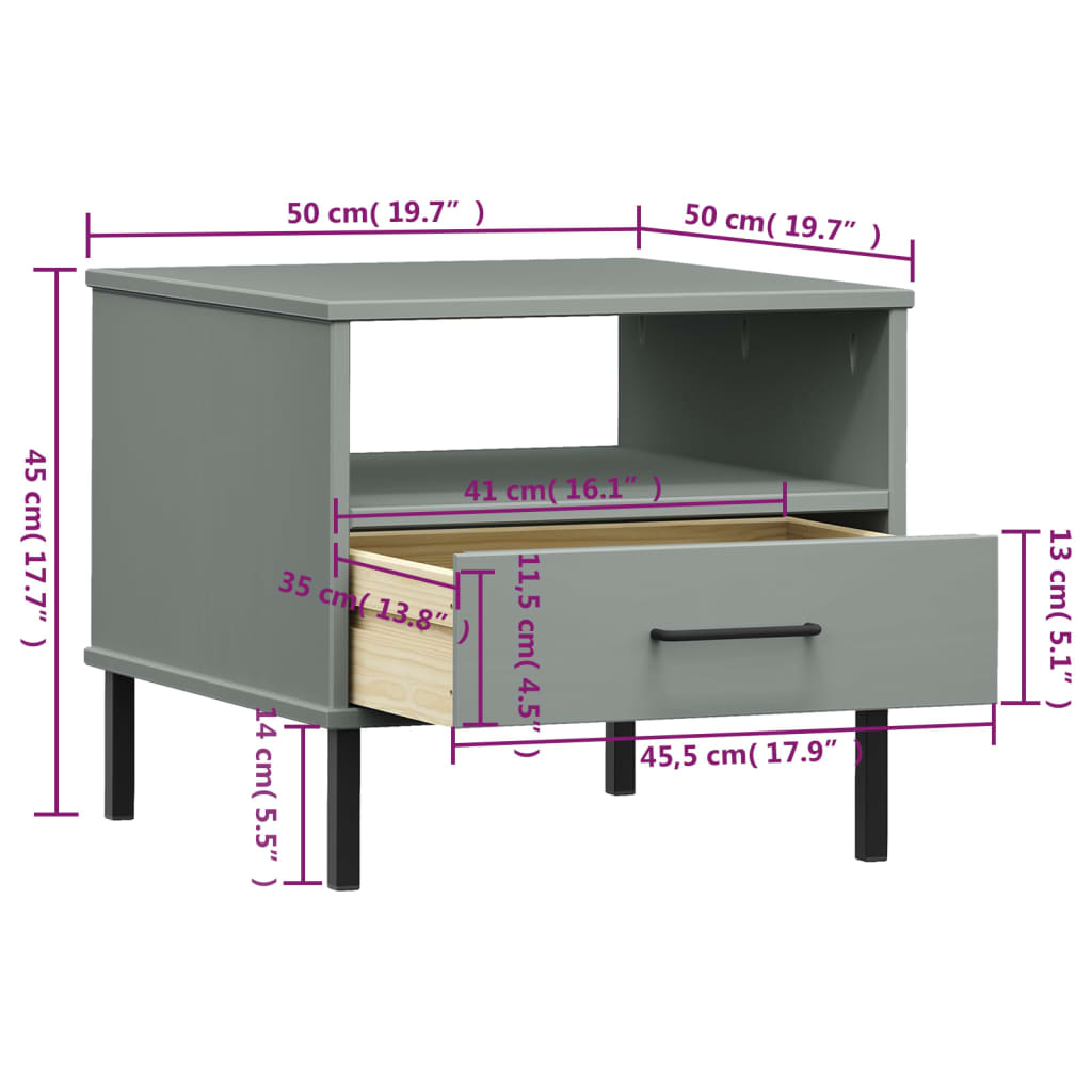 vidaXL Table de chevet OSLO avec pieds en métal gris pin massif