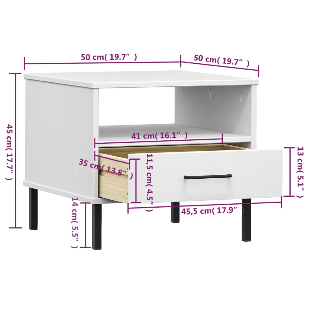 vidaXL Table de chevet OSLO avec pieds en métal blanc bois de pin massif