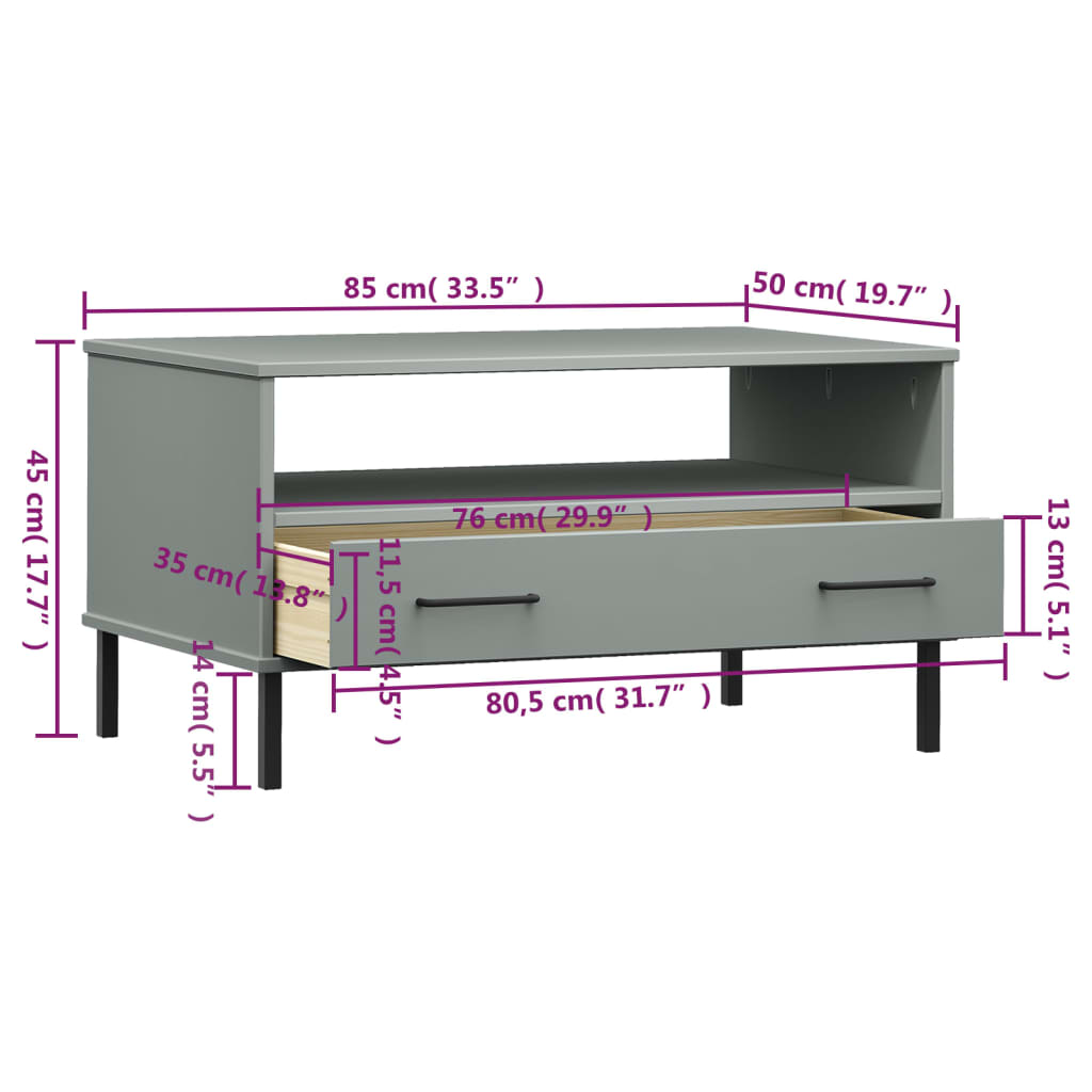 vidaXL Table basse OSLO avec pieds en métal Gris 85x50x45 cm Bois massif