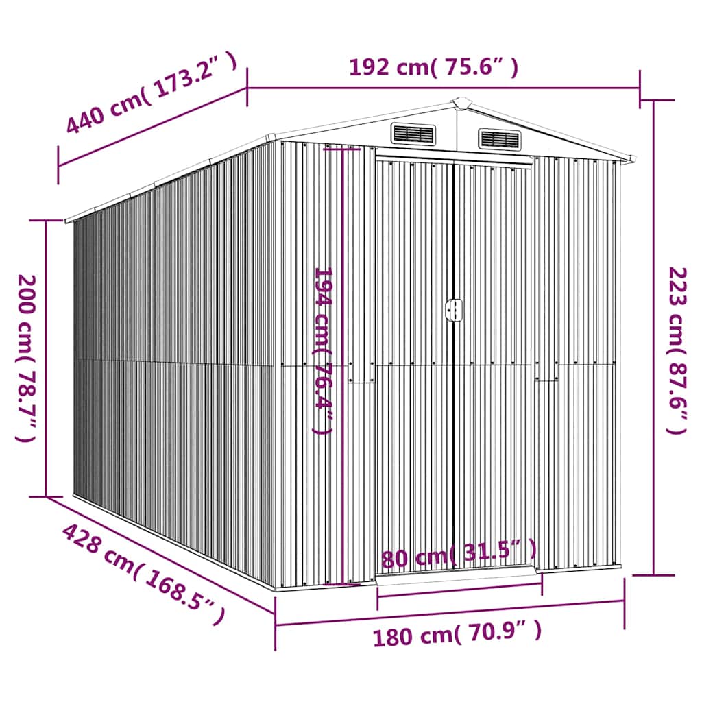 Geräteschuppen Hellgrau 192x440x223 cm Verzinkter Stahl