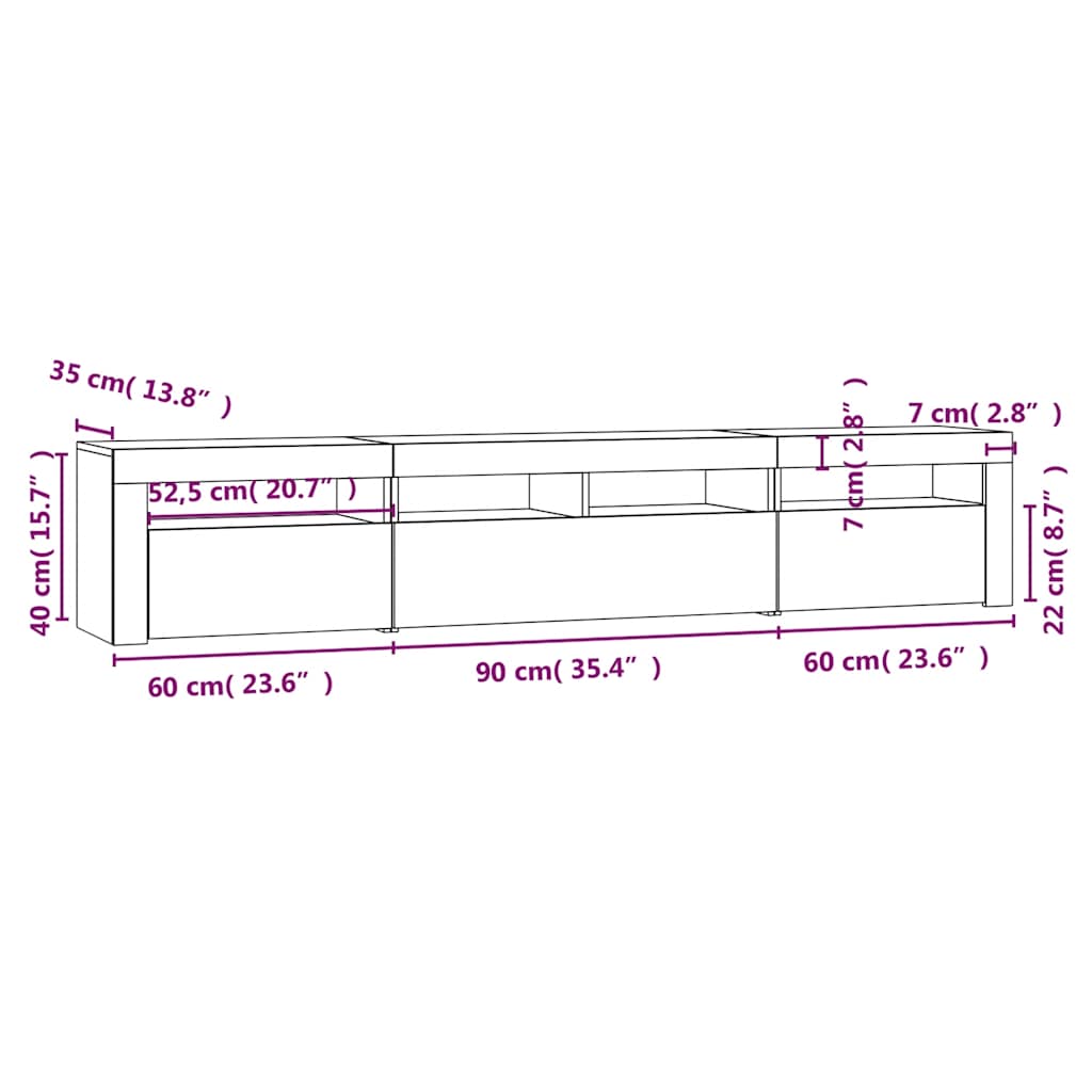Meuble TV vidaXL avec lumières LED marron aspect chêne 210x35x40 cm