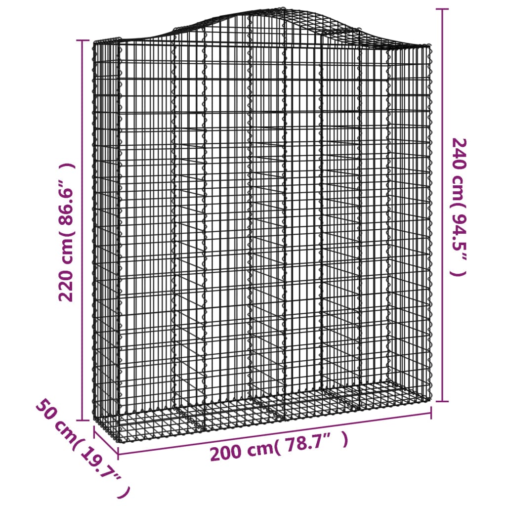 vidaXL Gabione mit Hochbogen 200x50x220/240 cm Verzinktes Eisen