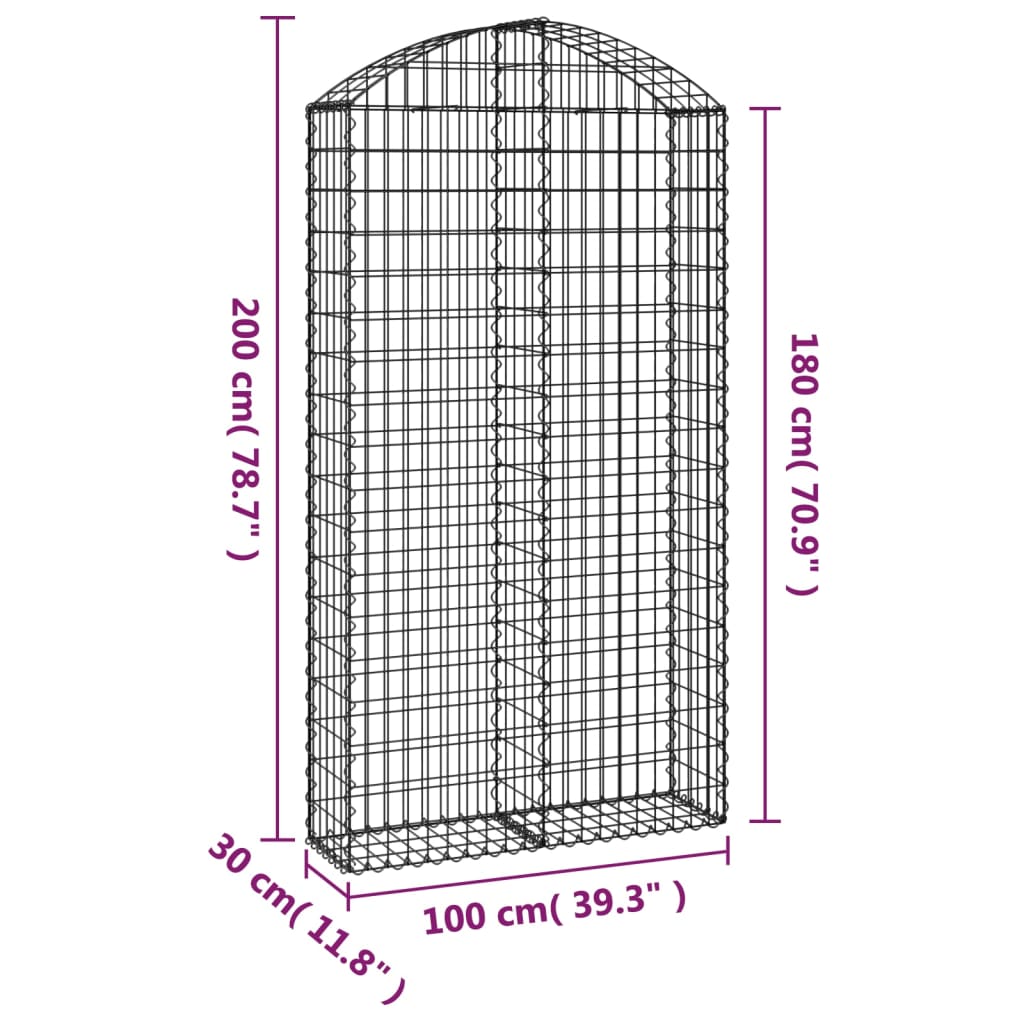 vidaXL Gabione mit Hochbogen 100x30x180/200 cm Verzinktes Eisen