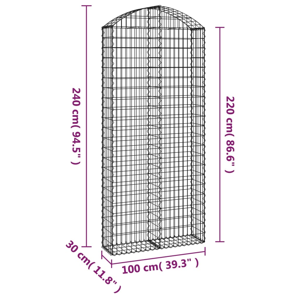 vidaXL Gabione mit Hochbogen 100x30x220/240 cm Verzinktes Eisen