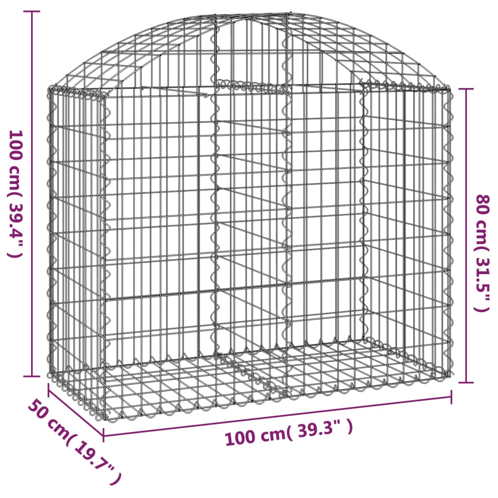 vidaXL Gabione mit Hochbogen 100x50x80/100 cm Verzinktes Eisen