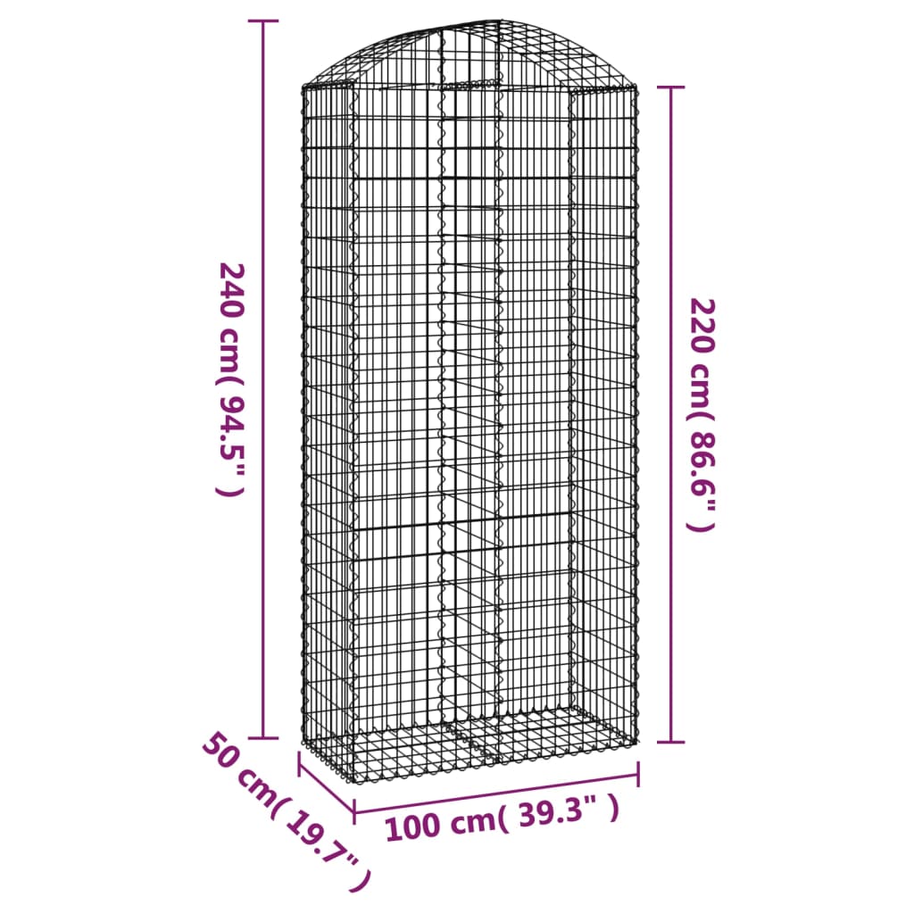 vidaXL Gabione mit Hochbogen 100x50x220/240 cm Verzinktes Eisen