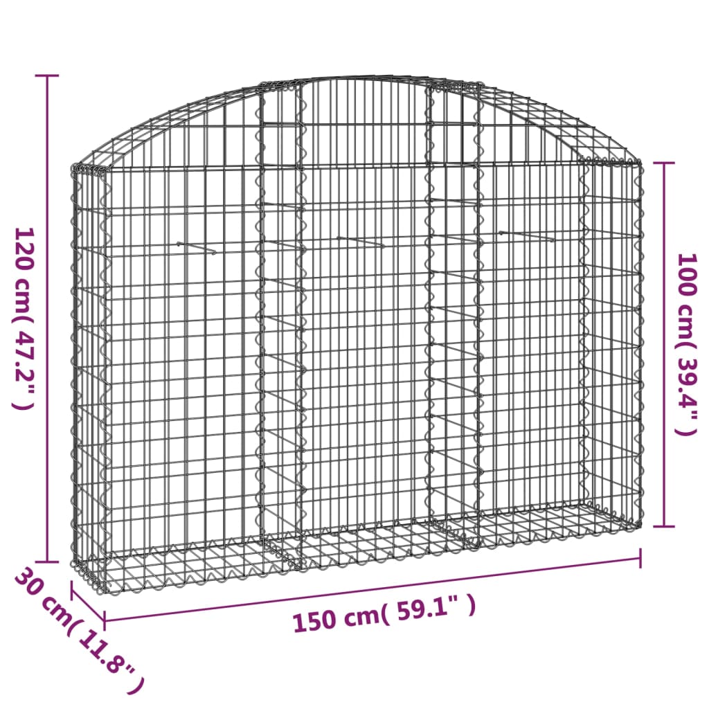 vidaXL Gabione mit Hochbogen 150x30x100/120 cm Verzinktes Eisen