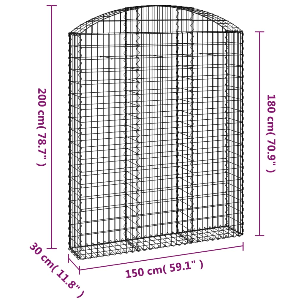 vidaXL Gabione mit Hochbogen 150x30x180/200 cm Verzinktes Eisen