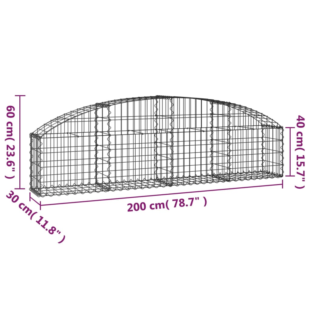 vidaXL Gabione mit Hochbogen 200x30x40/60 cm Verzinktes Eisen