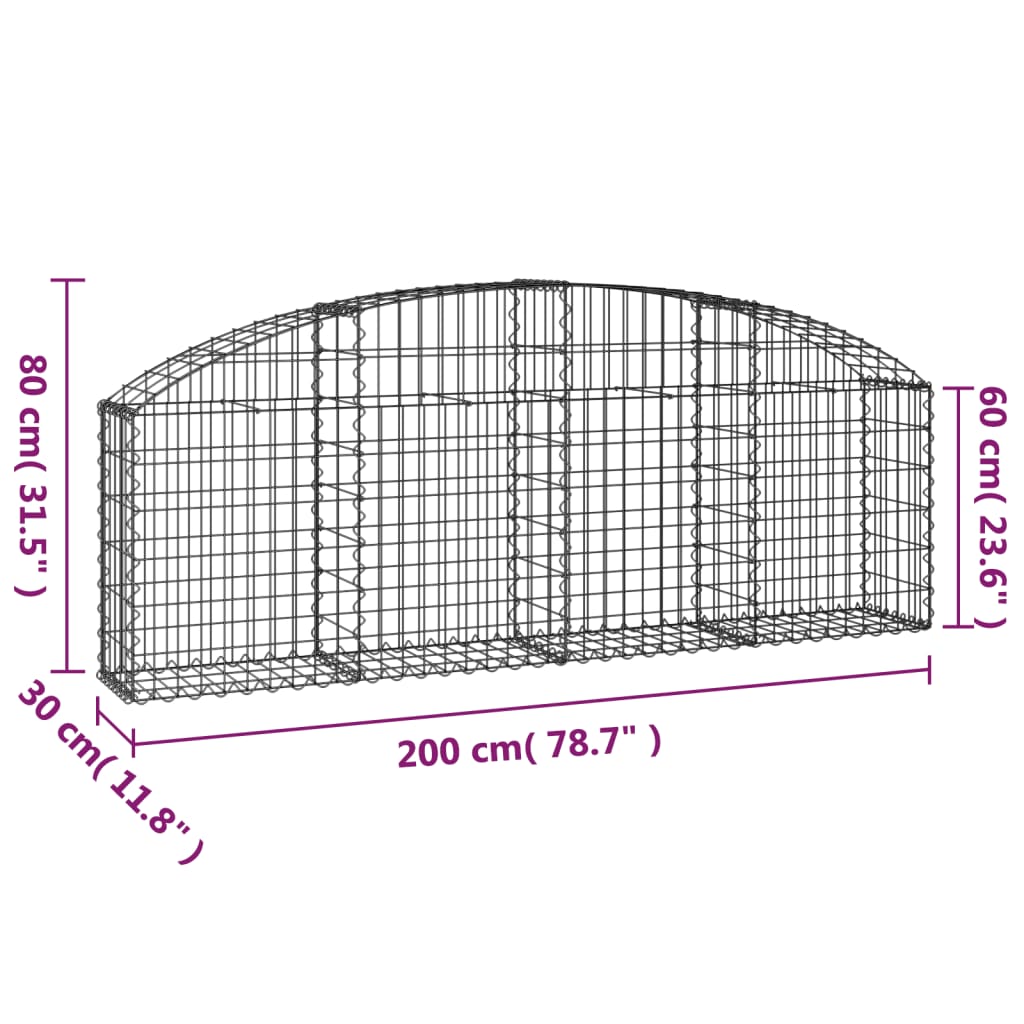 vidaXL Gabione mit Hochbogen 200x30x60/80 cm Verzinktes Eisen