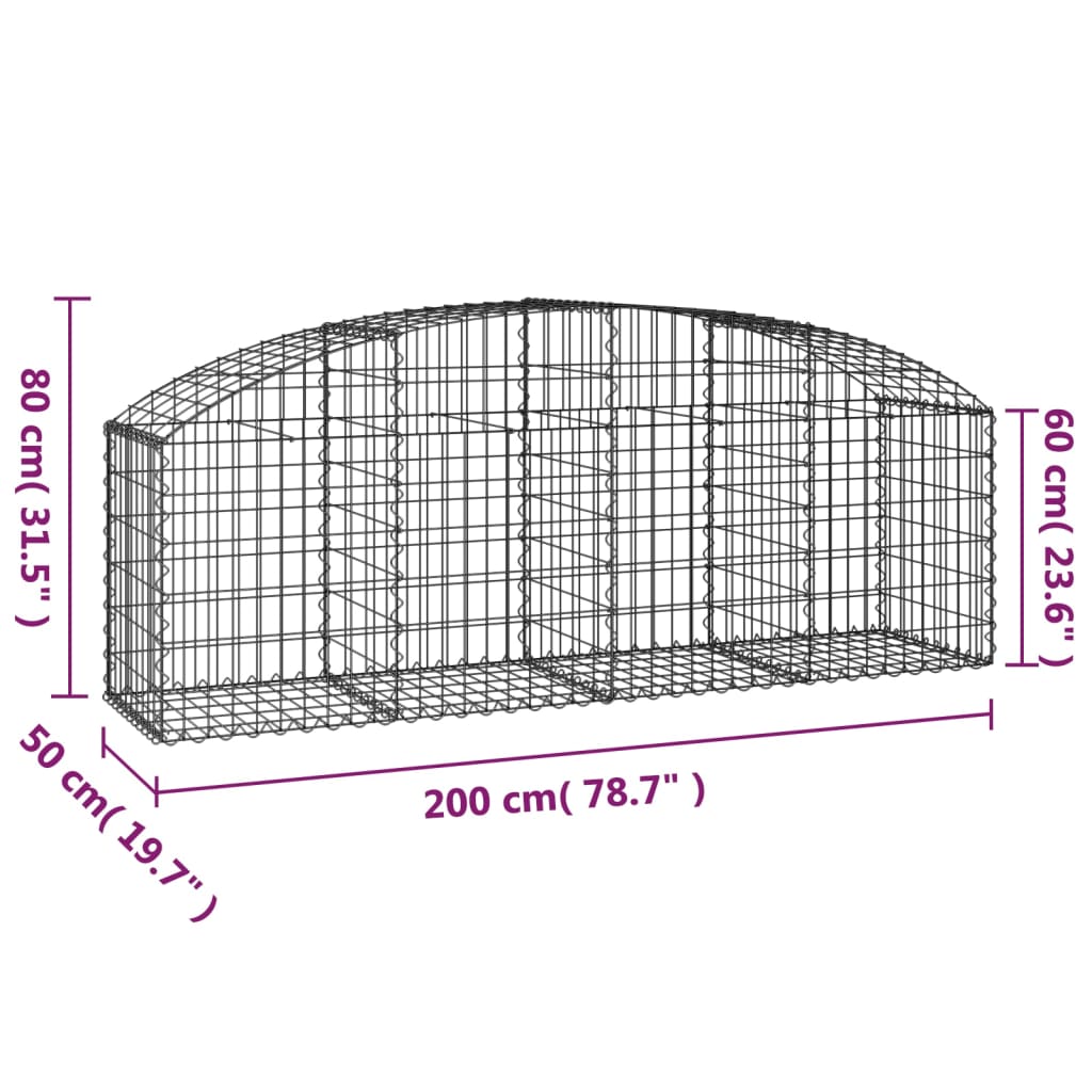 vidaXL Gabione mit Hochbogen 200x50x60/80 cm Verzinktes Eisen