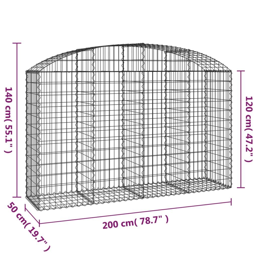 vidaXL Gabione mit Hochbogen 200x50x120/140 cm Verzinktes Eisen