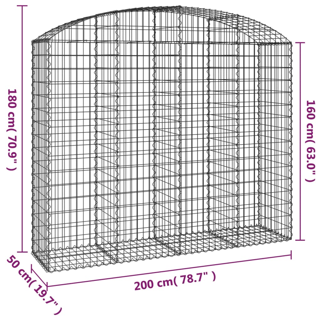 vidaXL Gabione mit Hochbogen 200x50x160/180 cm Verzinktes Eisen