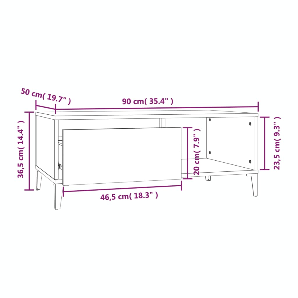 vidaXL Table basse marron aspect chêne 90x50x36,5 cm bois d'ingénierie