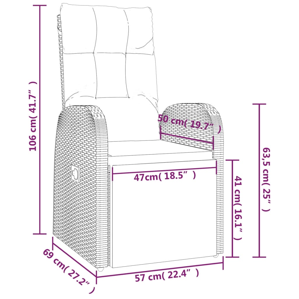 vidaXL Gartensessel mit Kissen 2 Stk. Verstellbar Schwarz Poly Rattan