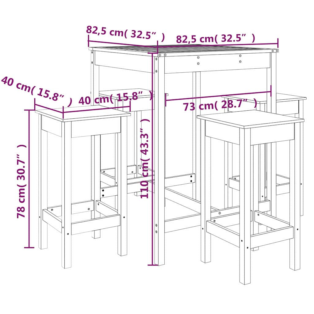 5-tlg. Gartenbar-Set Weiß Massivholz Kiefer