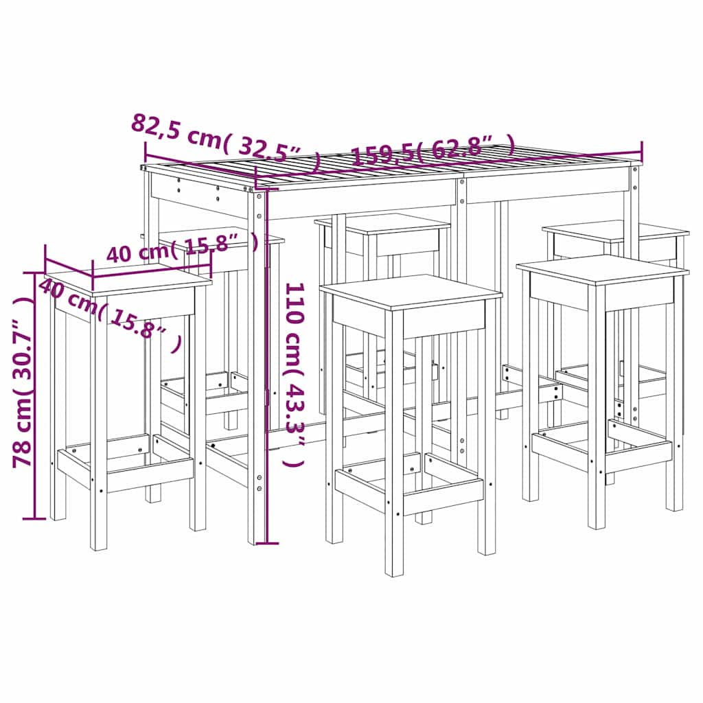 7-tlg. Gartenbar-Set Weiß Massivholz Kiefer