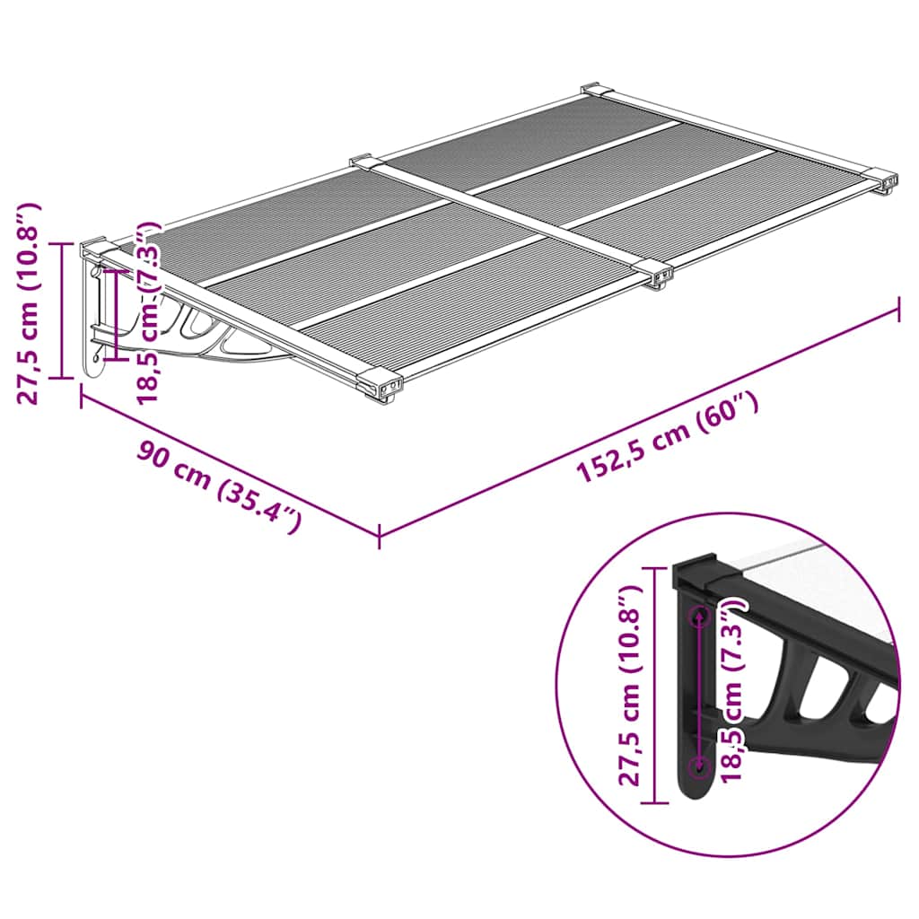 vidaXL Türvordach Schwarz und Transparent 152,5x90 cm Polycarbonat