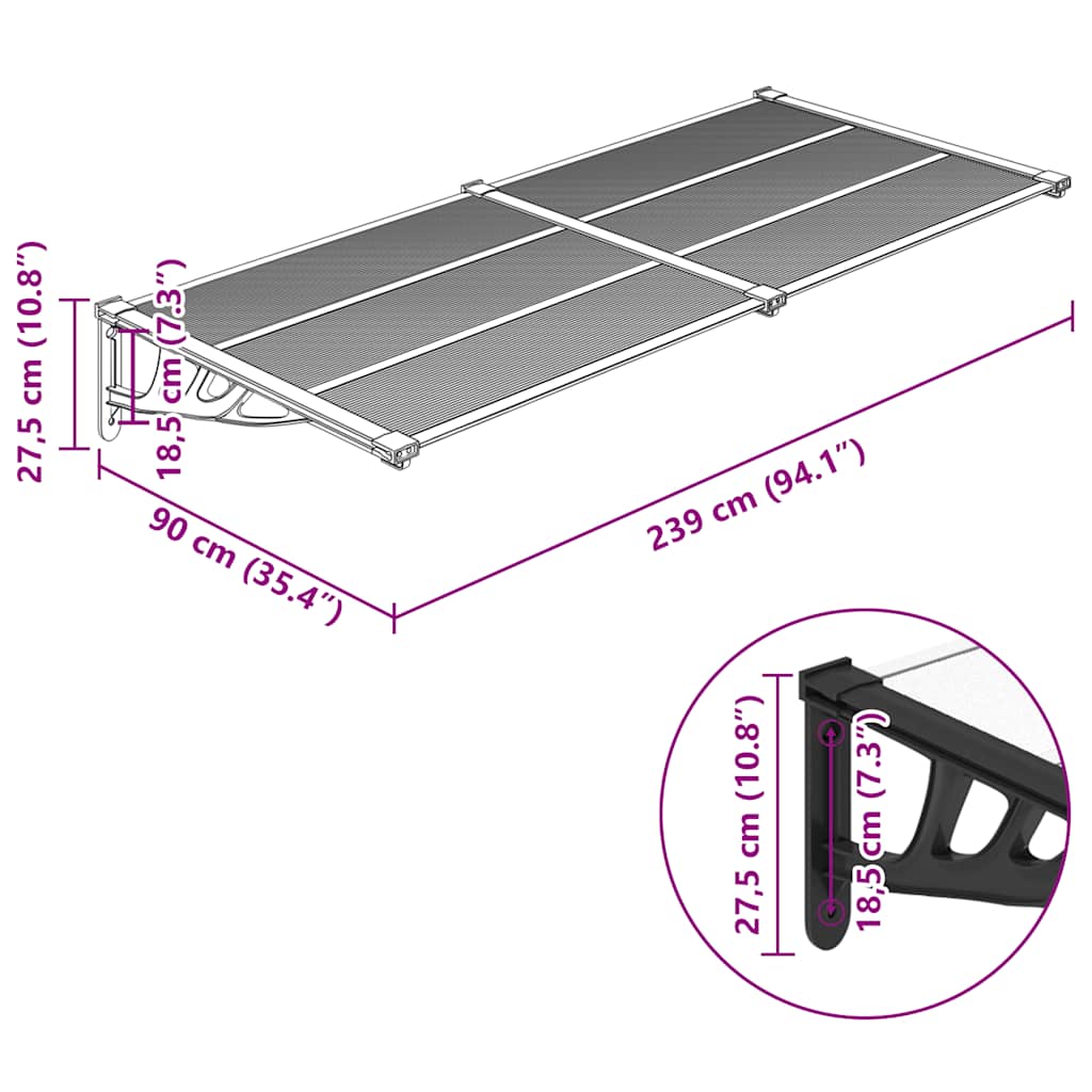 vidaXL Türvordach Schwarz und Transparent 239x90 cm Polycarbonat
