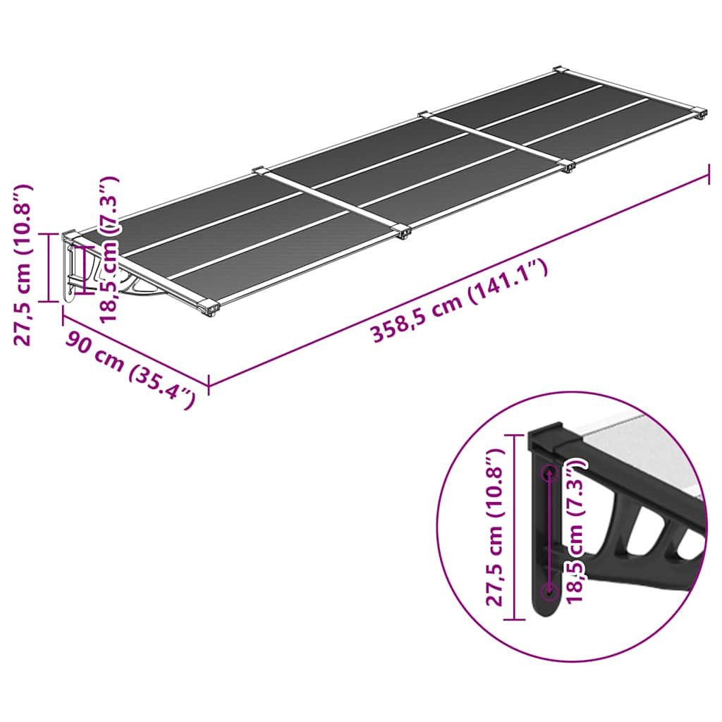 vidaXL Türvordach Schwarz und Transparent 358,5x90 cm Polycarbonat