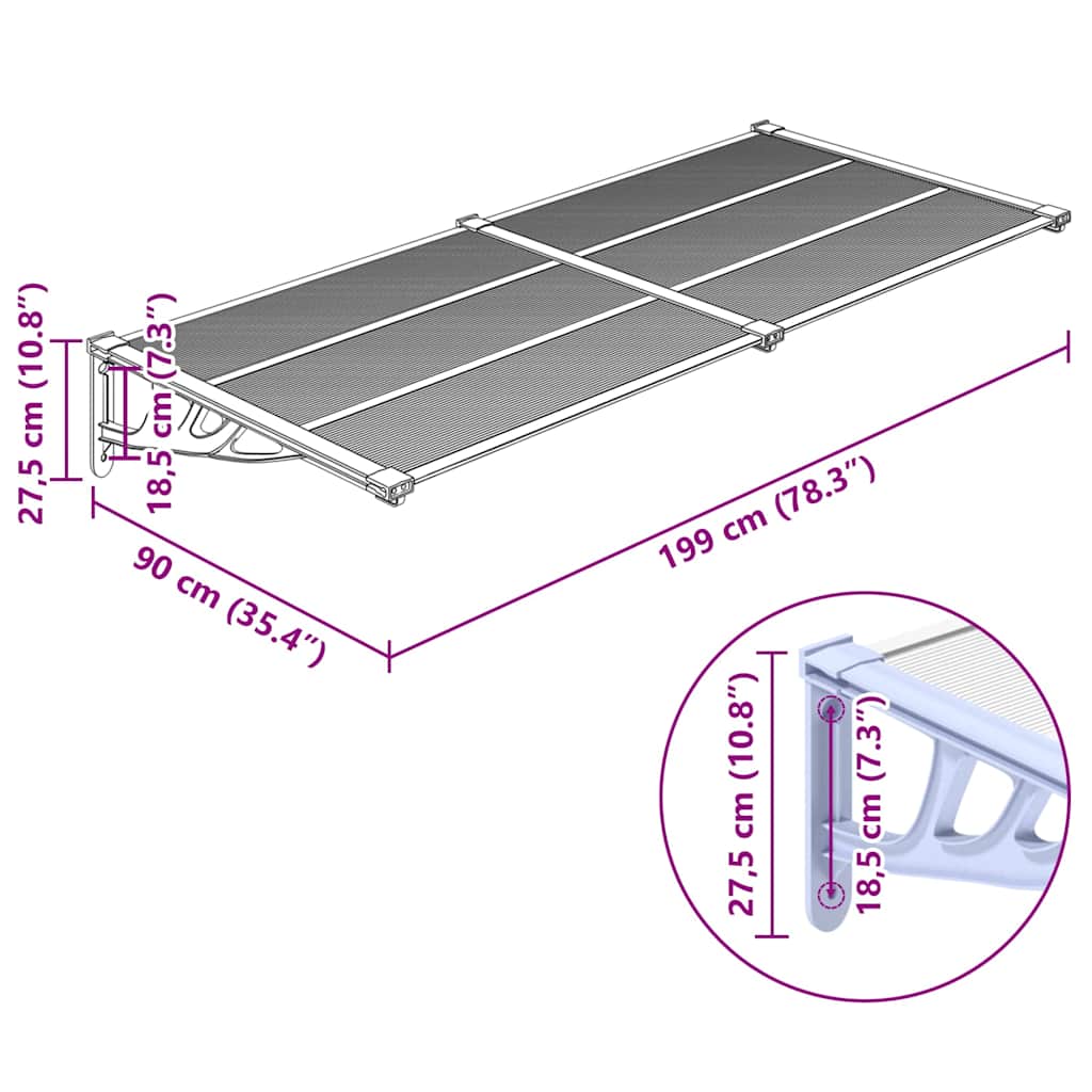 vidaXL Türvordach Grau und Transparent 199x90 cm Polycarbonat