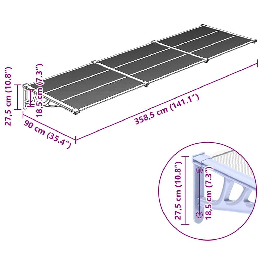 vidaXL Türvordach Grau und Transparent 358,5x90 cm Polycarbonat