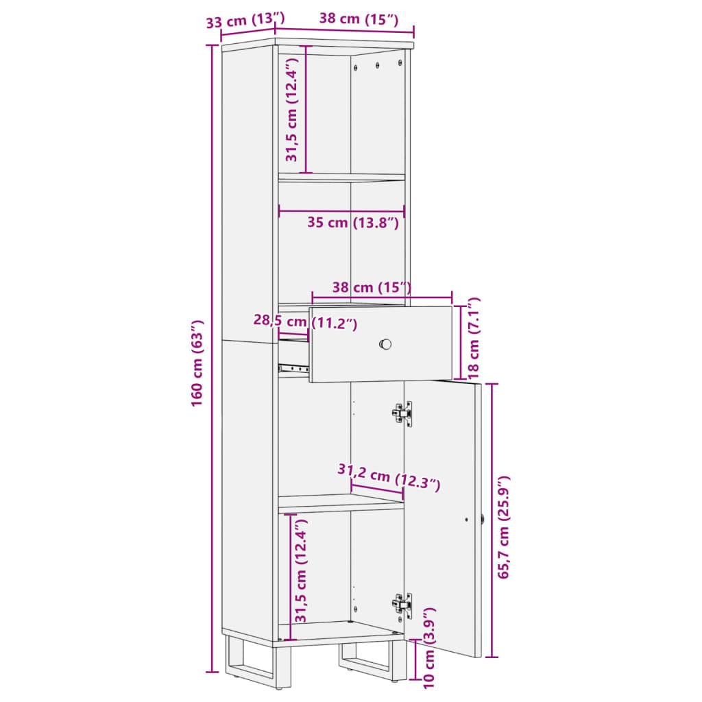 vidaXL Badschrank 38x33x160 cm Altholz Massivholz