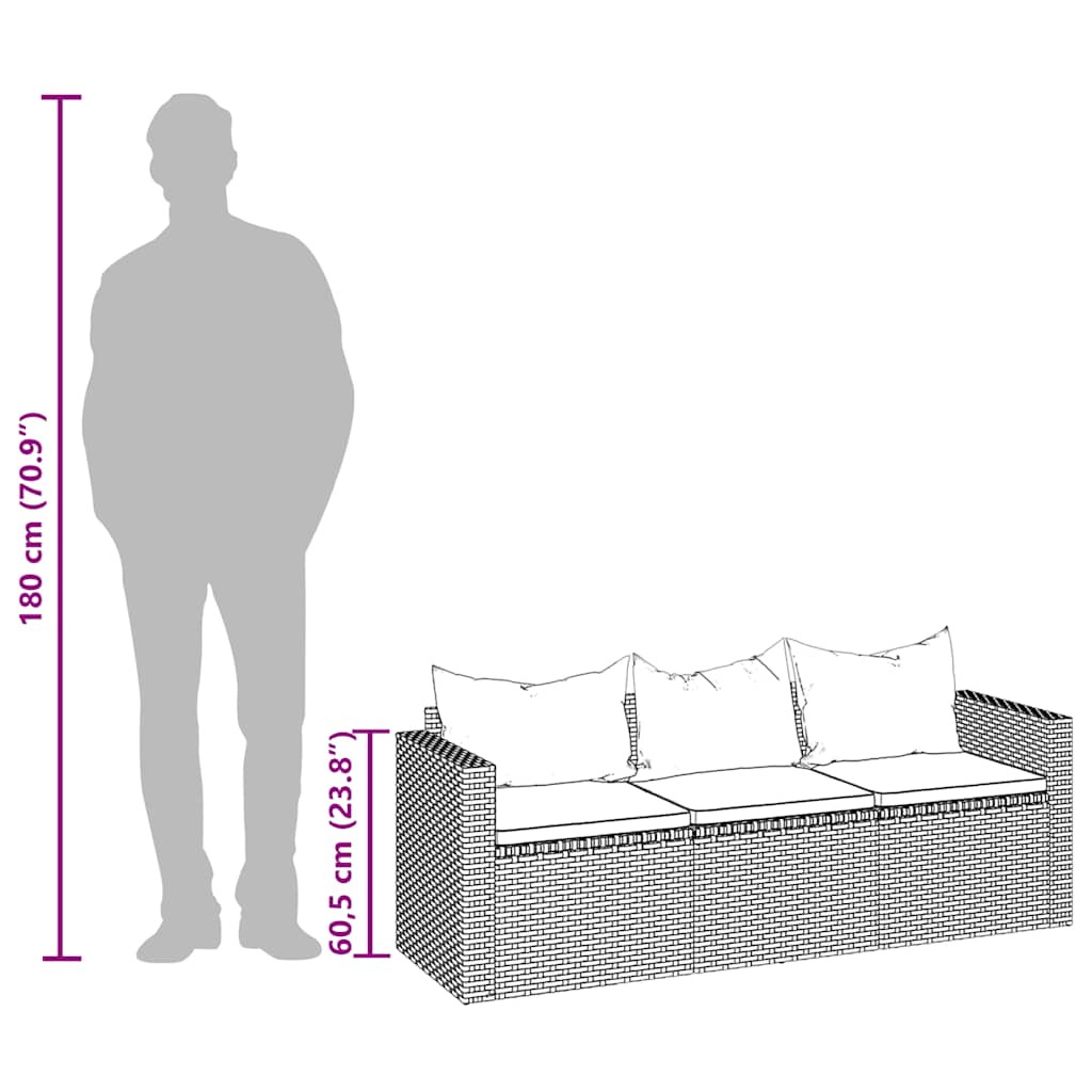 Gartensofa 3-Sitzer mit Kissen Grau Poly Rattan