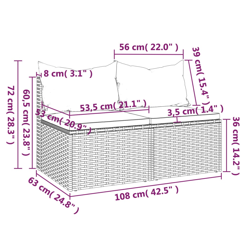 vidaXL Garten-Mittelsofas mit Kissen 2 Stk. Grau Poly Rattan