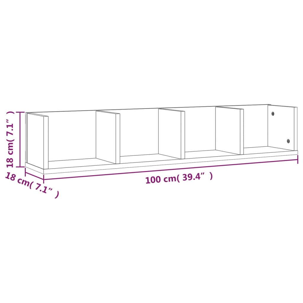 vidaXL CD-Wandregal Grau Sonoma 100x18x18 cm Holzwerkstoff