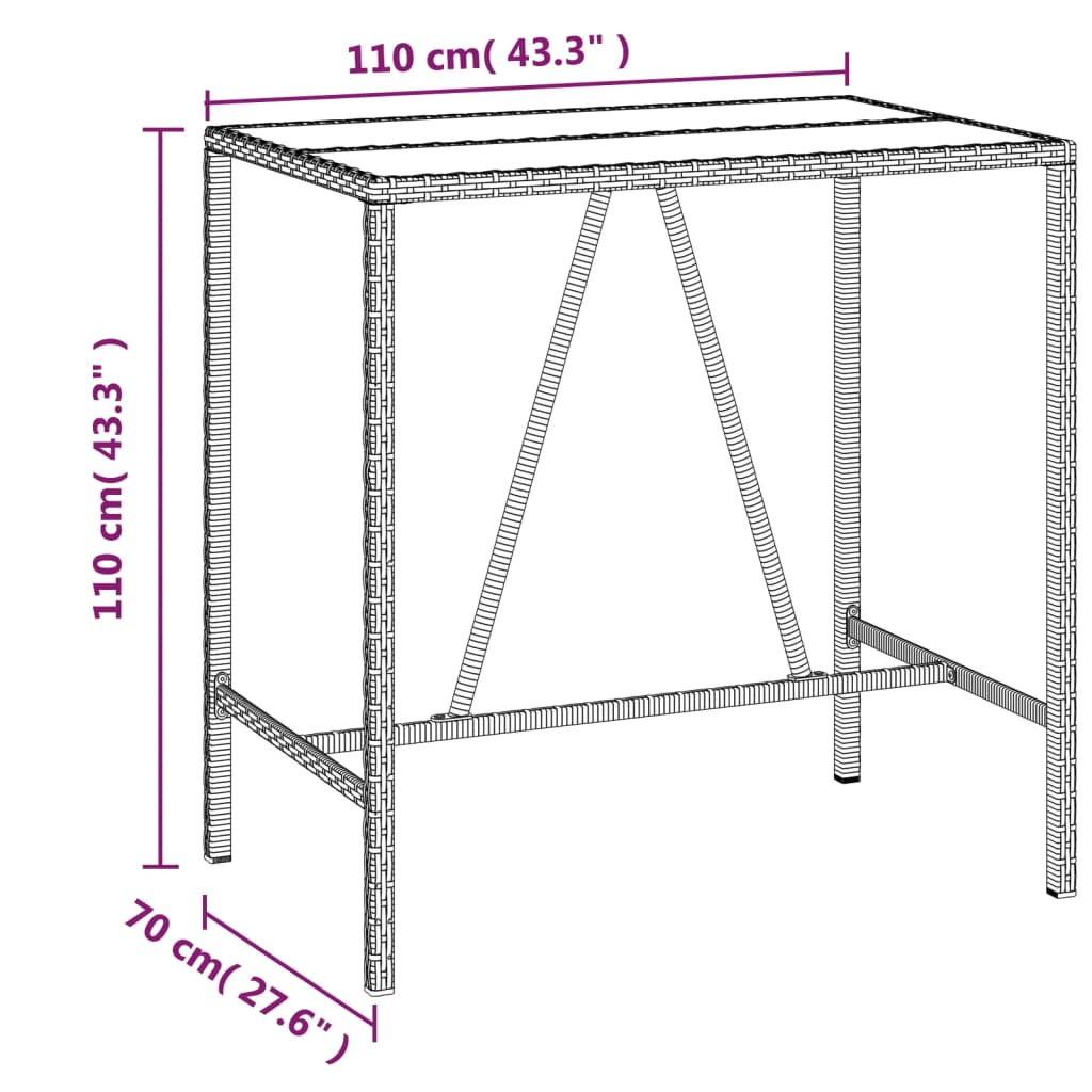vidaXL Bartisch mit Glasplatte Braun 110x70x110 cm Poly Rattan