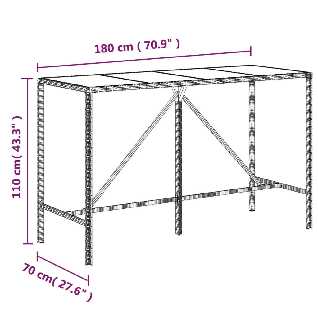 vidaXL Bartisch mit Glasplatte Grau 180x70x110 cm Poly Rattan