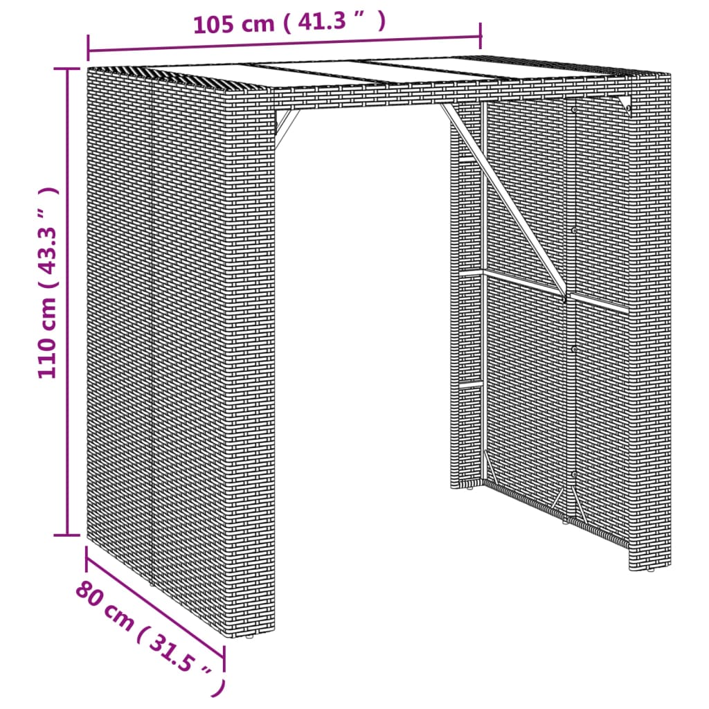 vidaXL Bartisch mit Glasplatte Grau 105x80x110 cm Poly Rattan