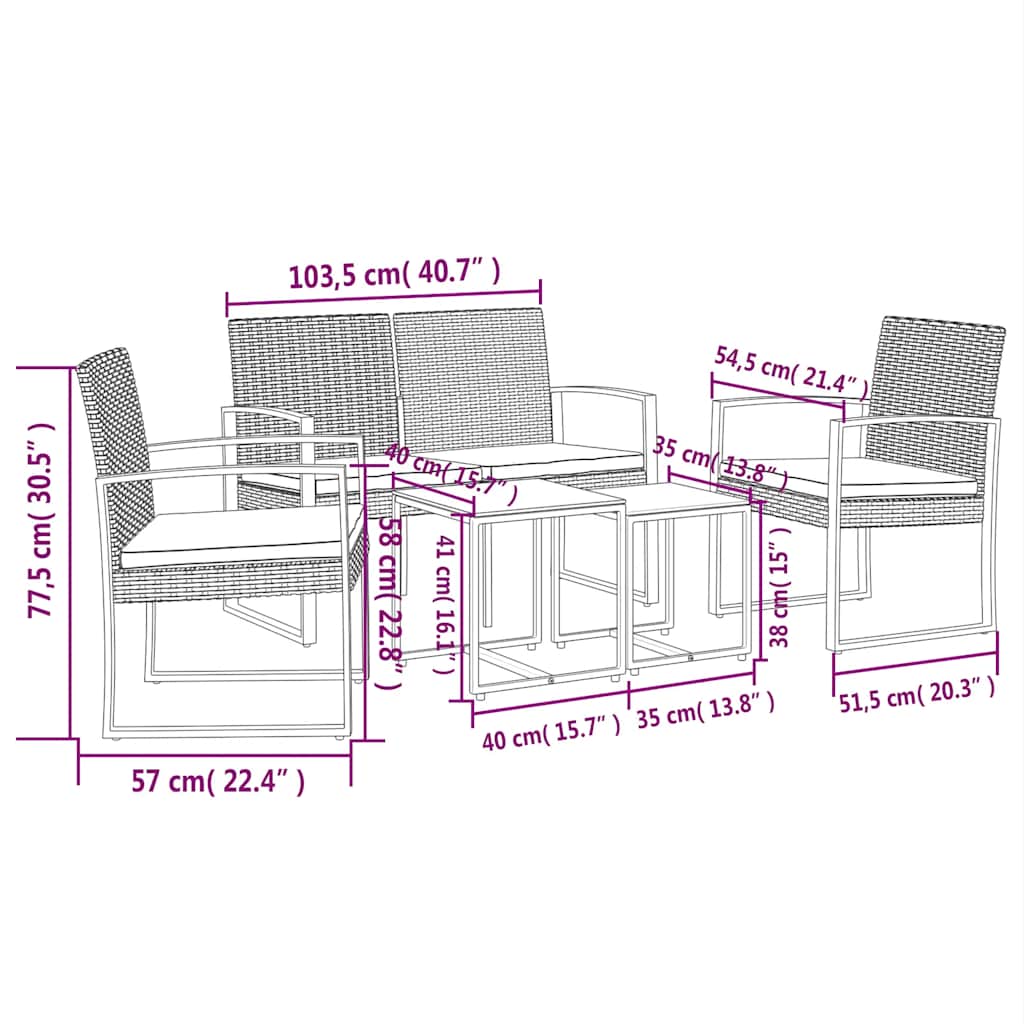 vidaXL 5-tlg. Garten-Essgruppe mit Kissen Braun PP-Rattan