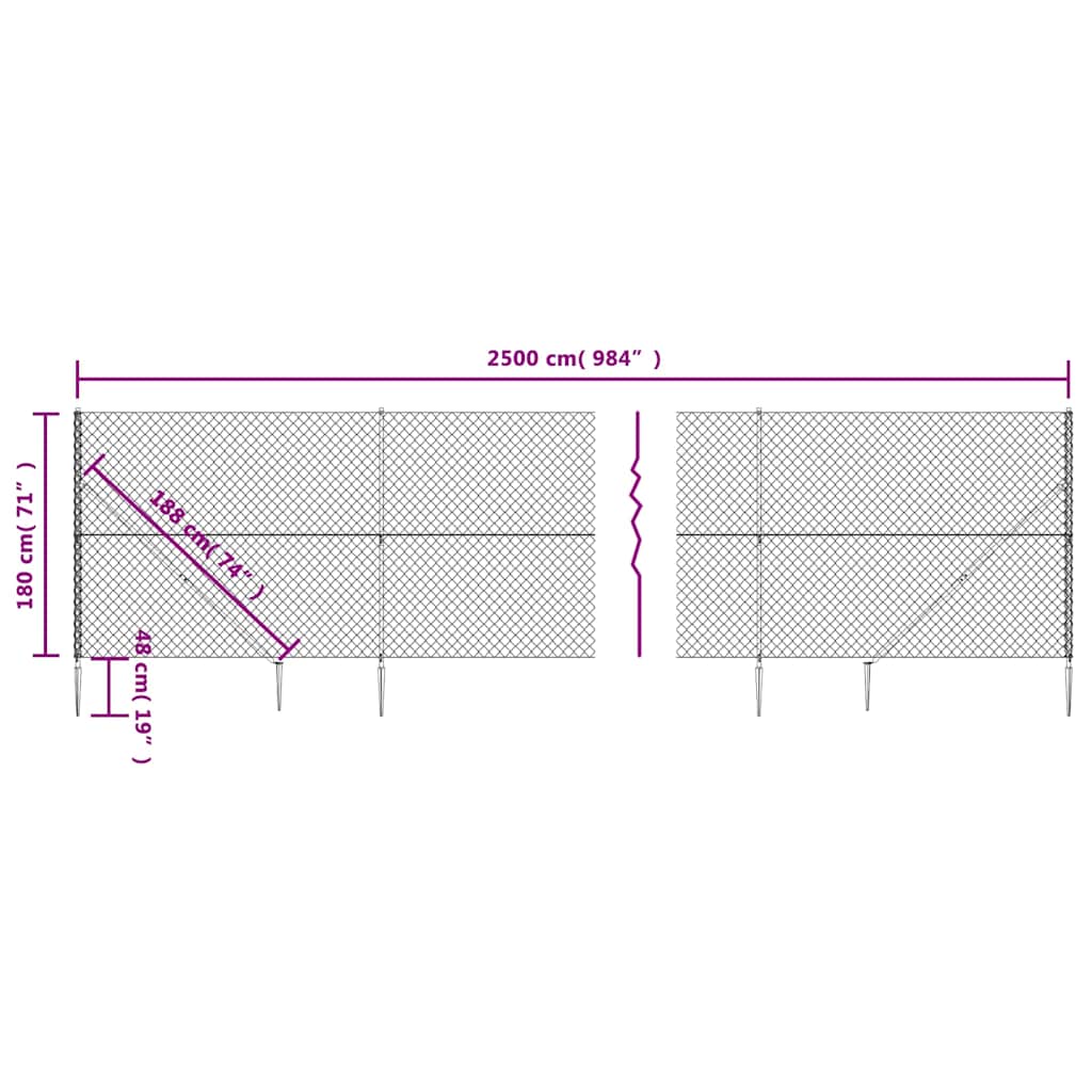 vidaXL Maschendrahtzaun mit Bodenhülsen Anthrazit 1,8x25 m