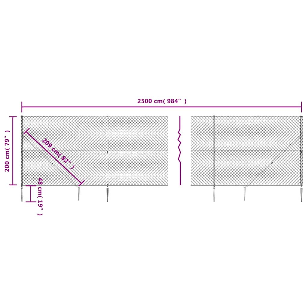 vidaXL Maschendrahtzaun mit Bodenhülsen Anthrazit 2x25 m