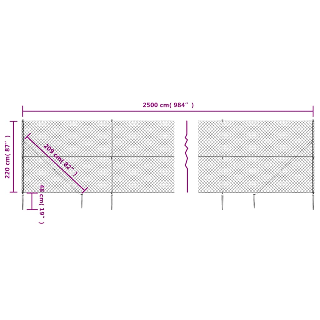 vidaXL Maschendrahtzaun mit Bodenhülsen Anthrazit 2,2x25 m