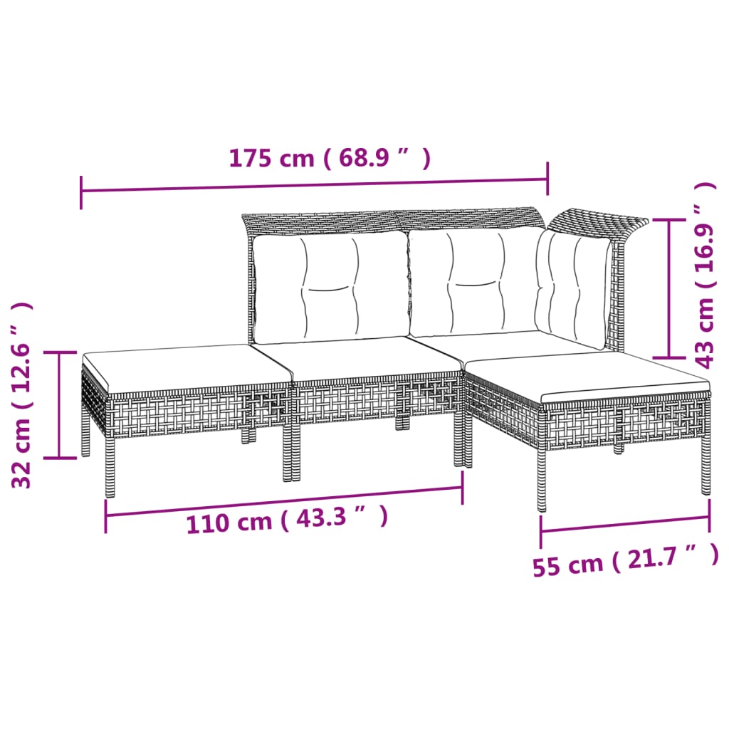 vidaXL Salon de jardin 4 pcs avec coussins Gris Résine tressée