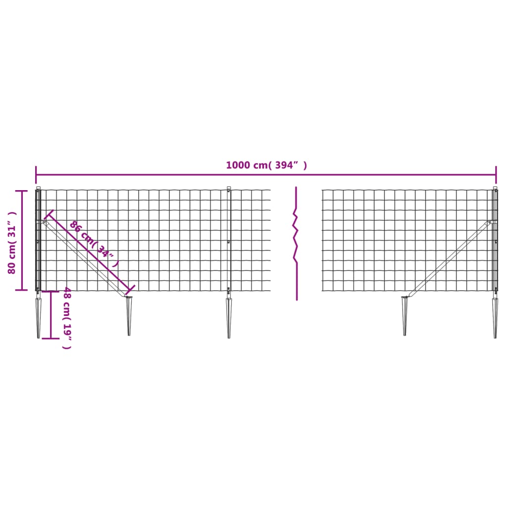vidaXL Clôture grillagée avec manchons de terre Anthracite 0,8x10 m